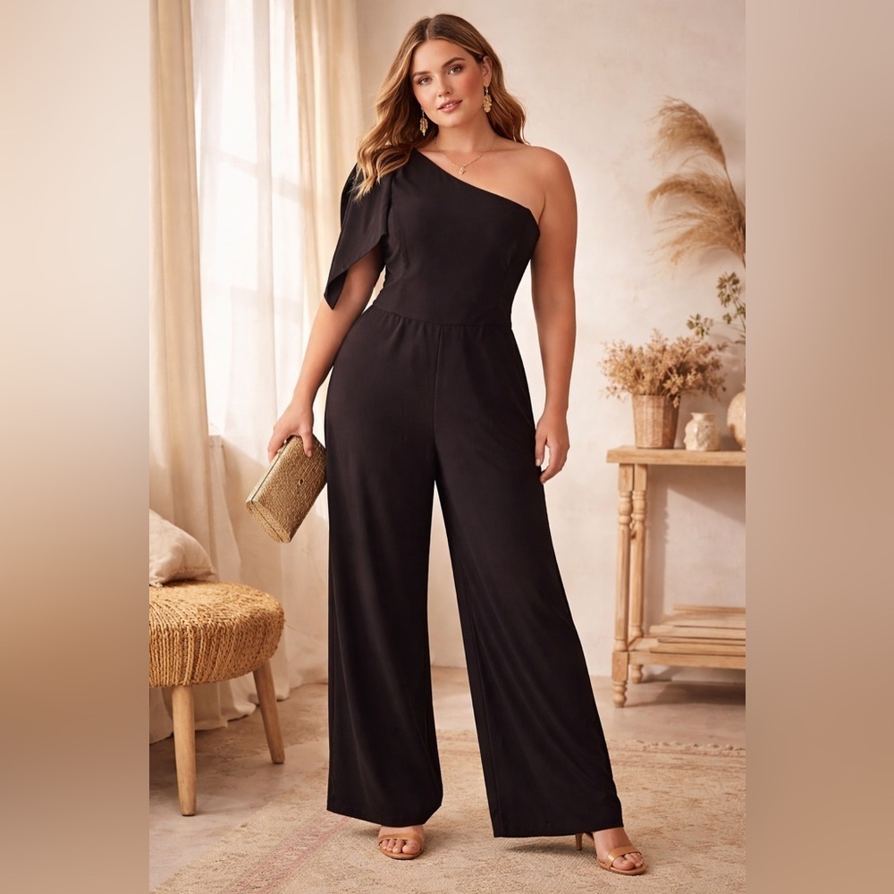 BHLDN Anthropologie Womens Windham Jumpsuit Plus Sz 18 Black 1 Shoulder Wide Leg